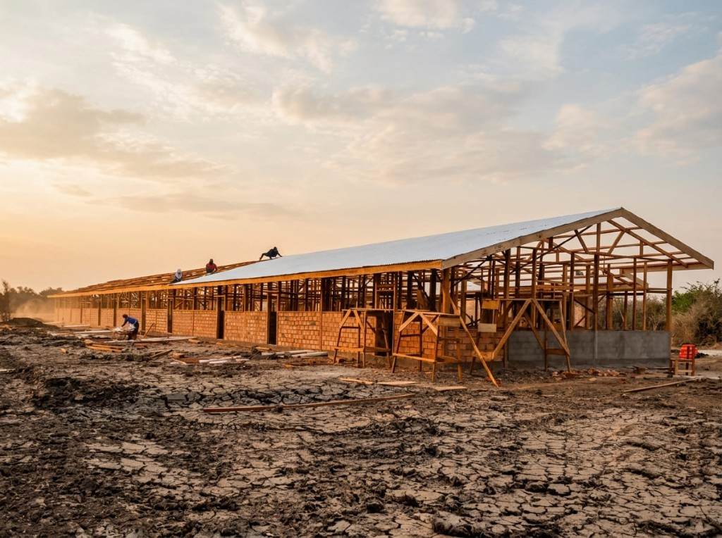 Rangka kayu dan atap seng pada bangunan panjang saat senja