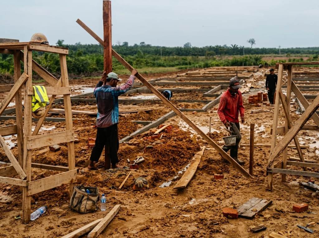 Pekerja memasang bekisting kayu pada tapak bangunan di lahan tanah