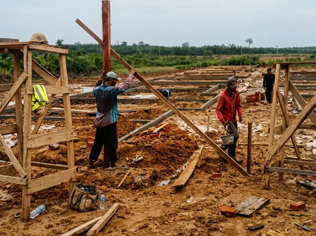 Pekerja memasang bekisting kayu pada tapak bangunan di lahan tanah
