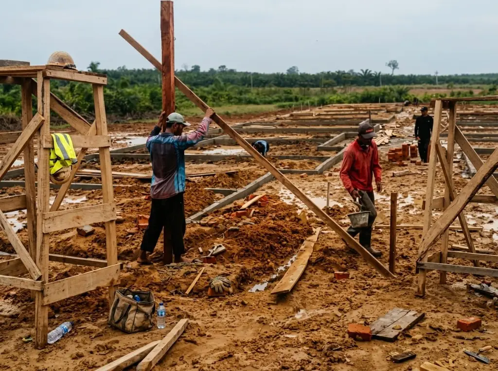 Pekerja memasang bekisting kayu pada tapak bangunan