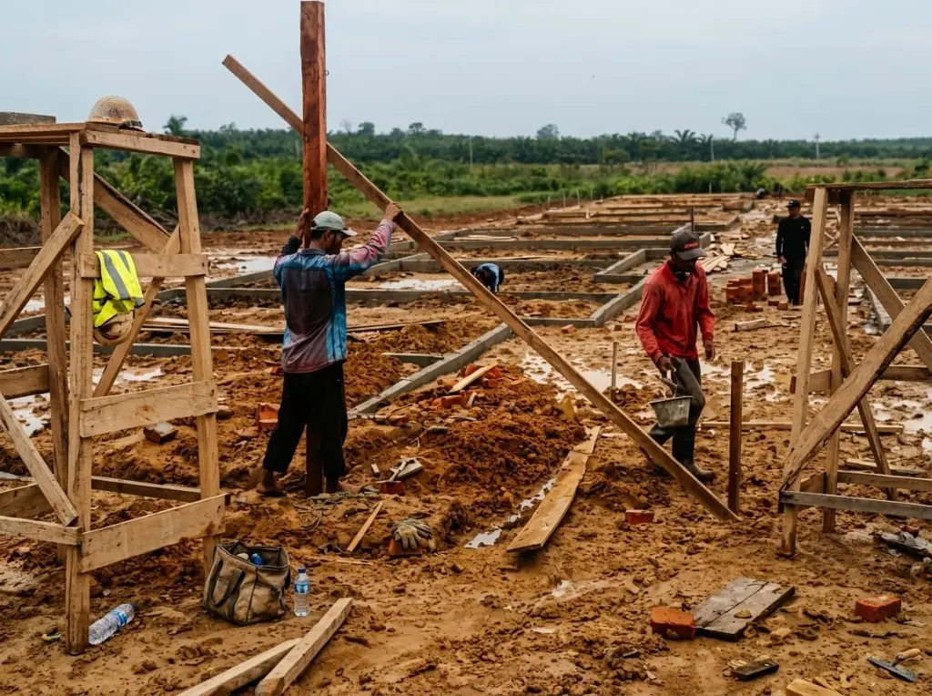 Pekerja memasang bekisting kayu pada tapak bangunan