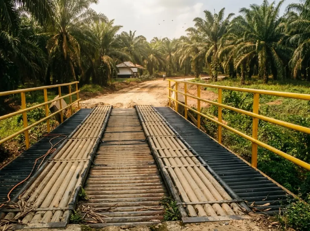 Jembatan dengan lantai baja dan pagar kuning di jalan kebun sawit