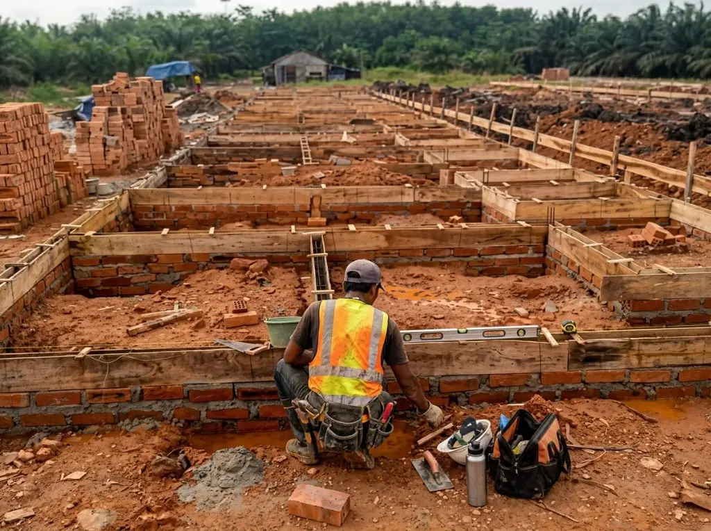 Pekerja menyusun pondasi bata di dalam bekisting kayu pada denah berpetak