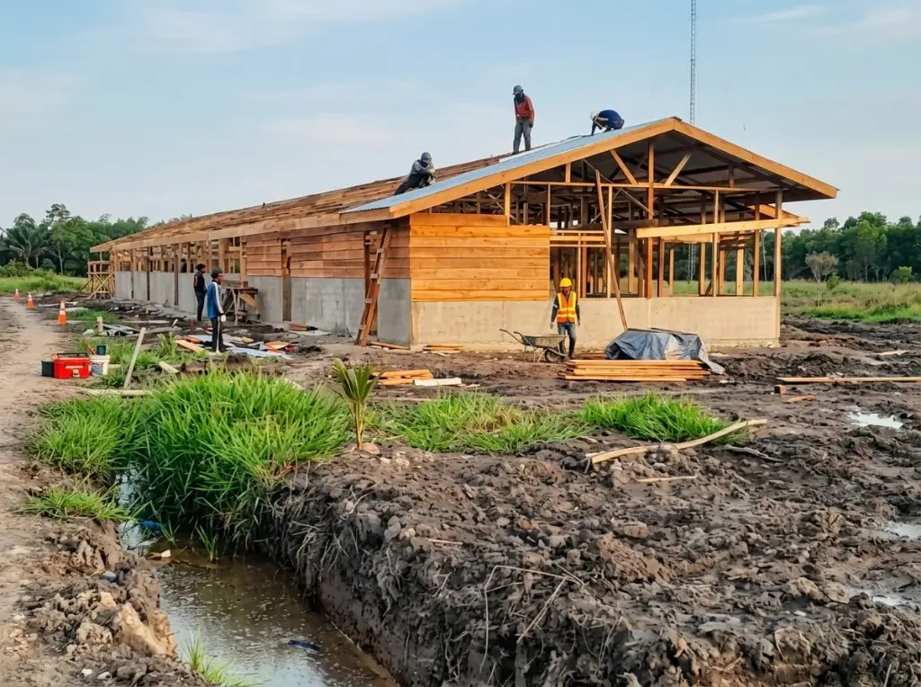 Bangunan kayu di atas pondasi beton, pekerja memasang atap seng